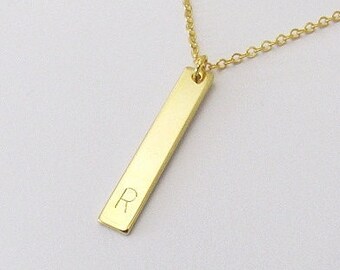 Vertical Bar Initial Necklace Available in Gold Plated, Silver Plated and Rose Gold Plated Finish