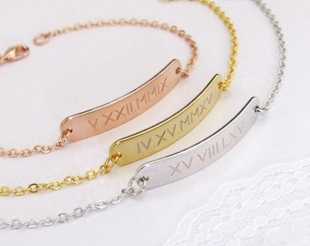 Roman Numeral Bracelet – Gold, Silver or Rose Gold Name Plate Bracelet Engraved with Special Date