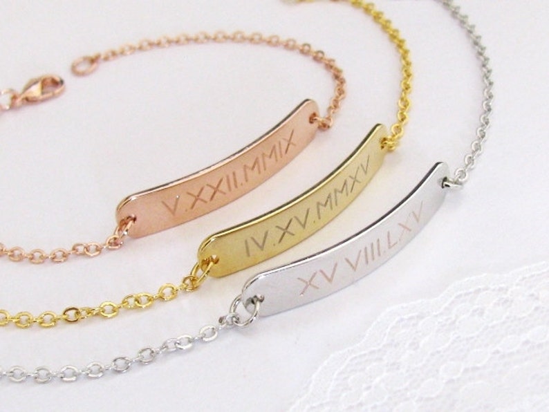 Silver or Rose Gold Name Plate Bracelet Engraved with Special Date Roman Numeral Bracelet \u2013 Gold