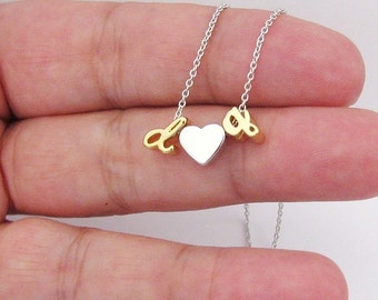 Tiny Heart Necklace with Letter Charms in Gold, Silver or Rose Gold Plated