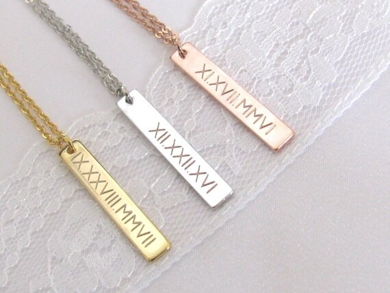 Roman Numeral Vertical Bar Necklace Gold Silver or Rose Gold Bar