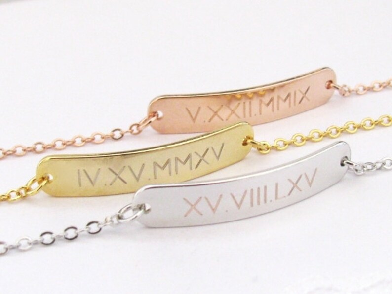 Silver or Rose Gold Name Plate Bracelet Engraved with Special Date Roman Numeral Bracelet \u2013 Gold