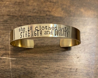 Proverbs 31, She Is Clothed With Strength and Dignity, Bible Verse, Hand Stamped Jewelry, Hand Stamped Bracelet, Christian Jewelry