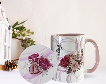 Pink Roses Ceramic Mug and Coaster Set; Mug and Coaster Gift Set