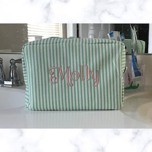 Personalized Mint Green Seersucker Cosmetics Bag; Lightweight Make-up Bag; Custom Cosmetics Bag: Personalized Make-up Bag