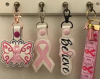Pink Ribbon Embroidered Key Fobs - Pink Ribbon Key Fobs with Tassel and Charm -