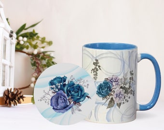 Blue Roses Ceramic Mug and Coaster Set; Mug and Coaster Gift Set; Custom Mug and Coaster Set; Floral Mug and Coaster Set