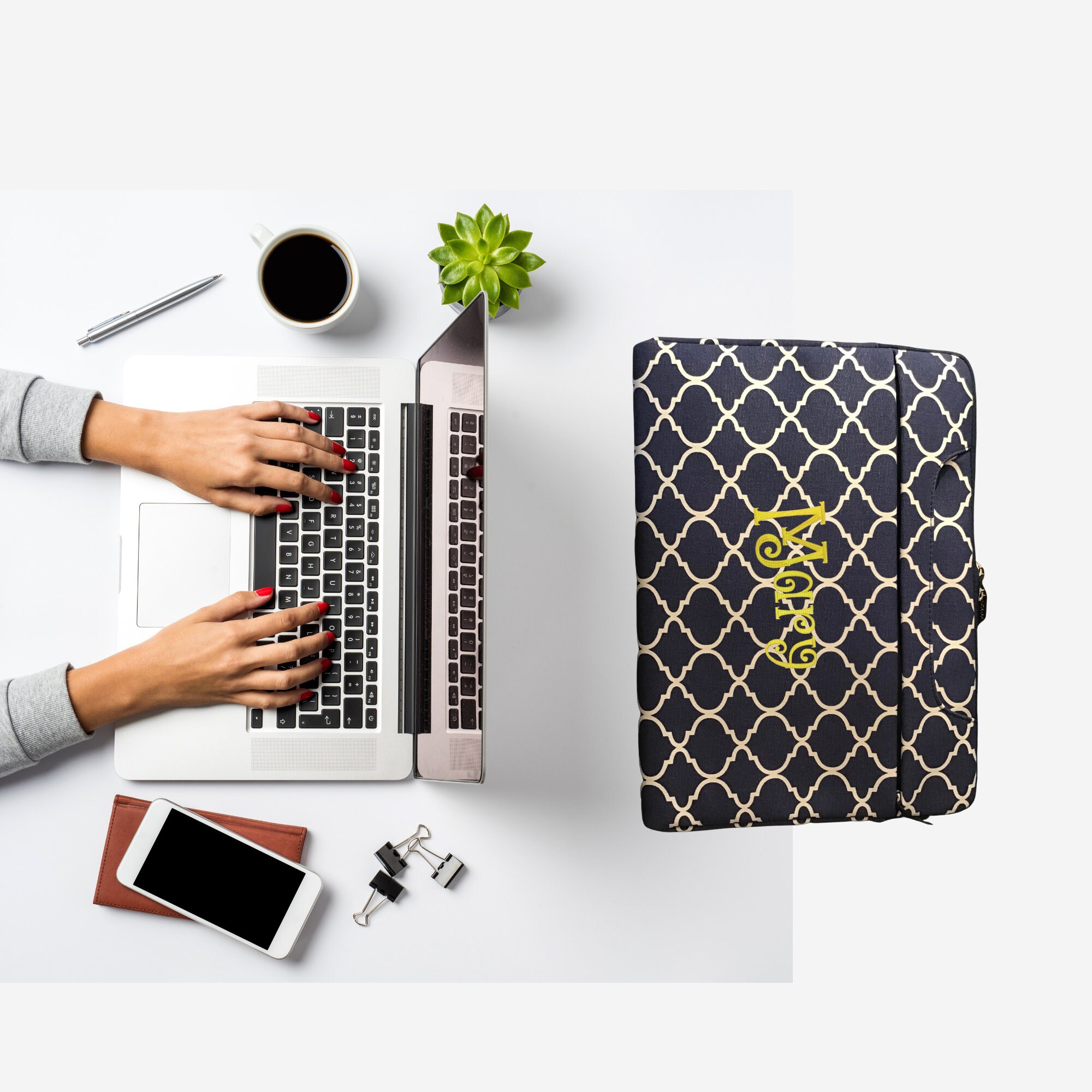 Personalized Navy Quatrefoil Laptop Bag Etsy