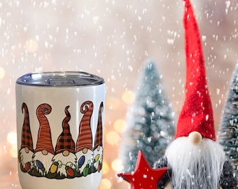 Gnome Christmas Wine Tumbler, Insulated 12oz Tumbler with Lid