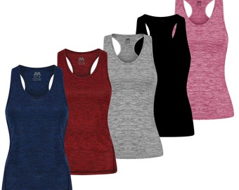 May include: Five tank tops in different colors: navy blue, red, gray, black, and pink. Each tank top has a scoop neck and a racerback design. The tank tops are made of a soft, breathable fabric and are perfect for working out or lounging around the house.
