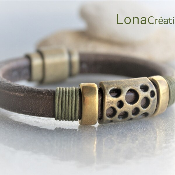 Bracelet cuir Regaliz pour femme marron bronze cognac ou vert kaki, passants zamak, bracelet baroudeuse chic