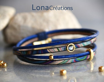 Dazzling blue and electric blue leather bracelet for women, Swarovski and gold zamak loops