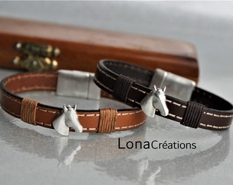Men's dark brown or camel leather bracelet with stitching, clasp and horse's head loop in silver zamak