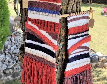 Contemporary wall weaving, red weaving, orange, white, blue, Boho weaving, Weaving