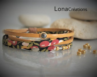 Yellow and black leather bracelet for women, Swarovski mother-of-pearl and gold zamak loops