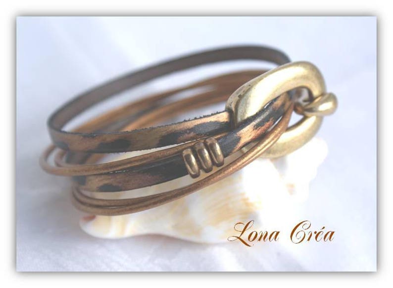 Women's Leather Bracelet Double Wrap Leopard and Bronze Loops and Bronze Hook Clasp image 1