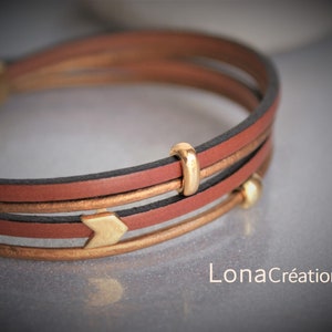 Bracelet cuir pour femme Lacet Camel Cordon Bronze, passants flèche et perles en zamak doré image 4