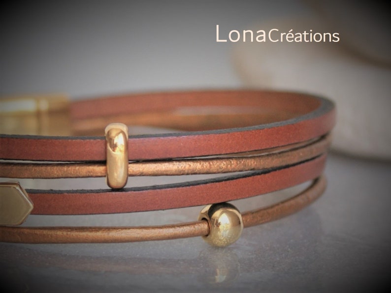 Bracelet cuir pour femme Lacet Camel Cordon Bronze, passants flèche et perles en zamak doré image 6