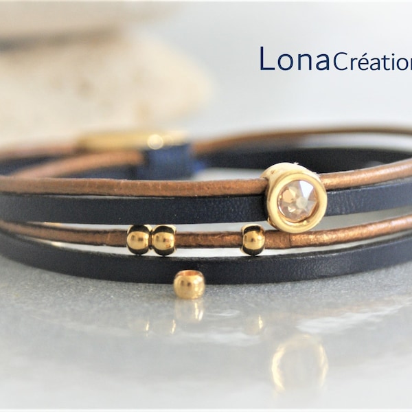 Bracelet cuir pour femme bleu marine et bronze, passants swarovski et zamak doré