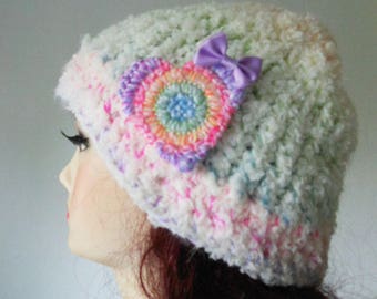 Crochet Fluff  rainbow heart hat.