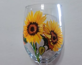 Hand Painted Sunflower Wine Glass 20 oz.