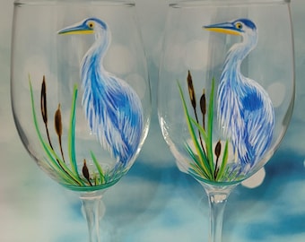 Hand painted Blue Heron Wine Glass set of 2