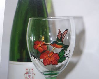 Hummingbird with Orange Flower Handpainted Wine Glass