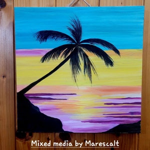 Palm tree sunset mixed media wood plaque