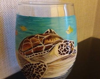 Handpainted Sea turtle stemless wine glass