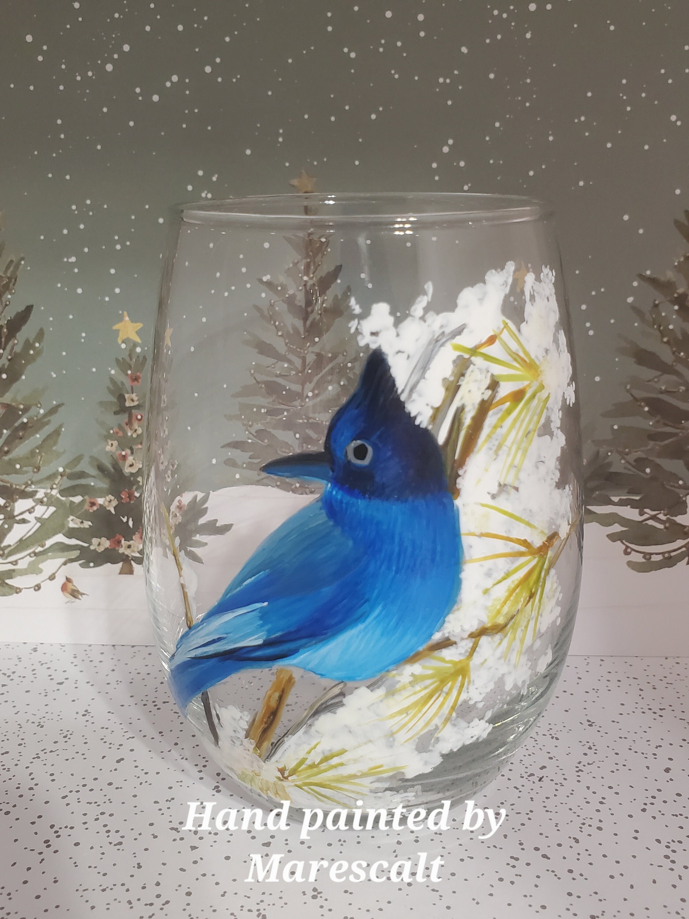 Hand Painted Blue Jay on a Crystal Wine Glasses ,set of 2 ,drink