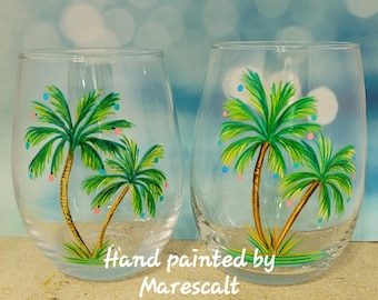 Hand painted Xmas Palm tree stemless Wine Glass set of 2