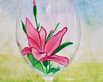 Hand painted pink Lily wine glass