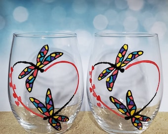 Hand painted dragonfly heart set of 2 stemless wine glass