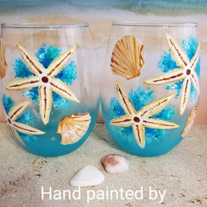 Hand painted stemless wine glass set of 2  starfish with seashells and blue fade