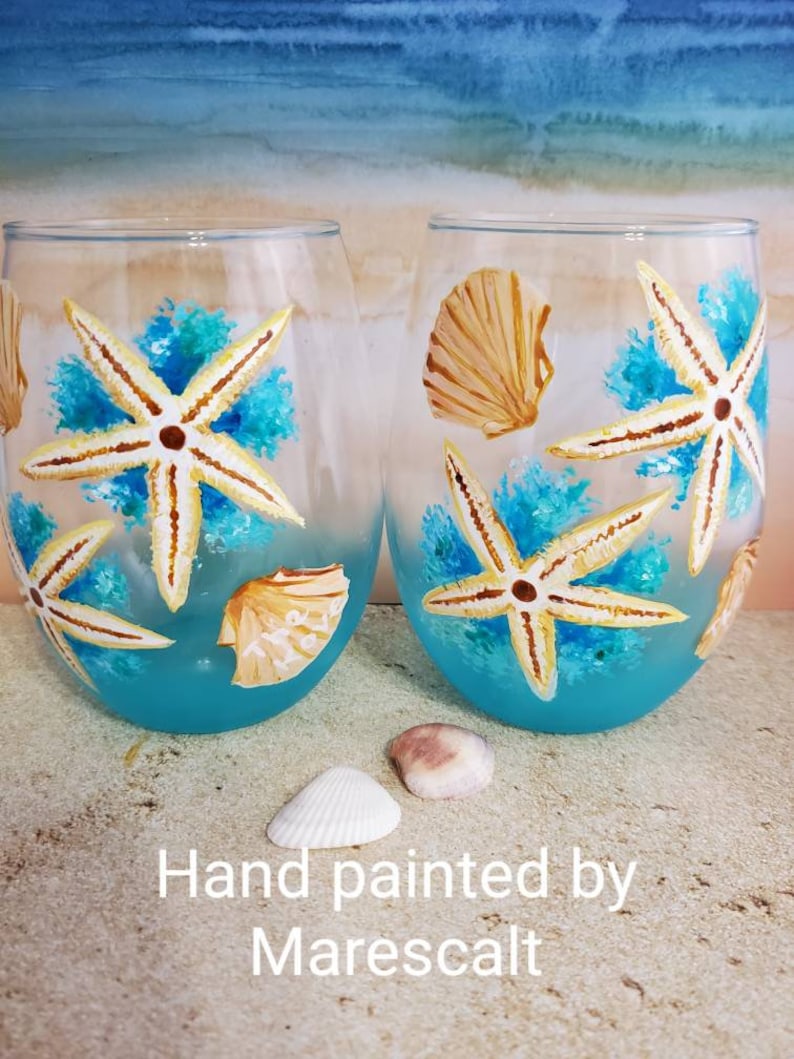 Hand Painted Stemless Wine Glass Set of 2 Starfish With Etsy