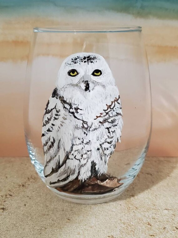 Snowy white owl hand painted stemless wine glass