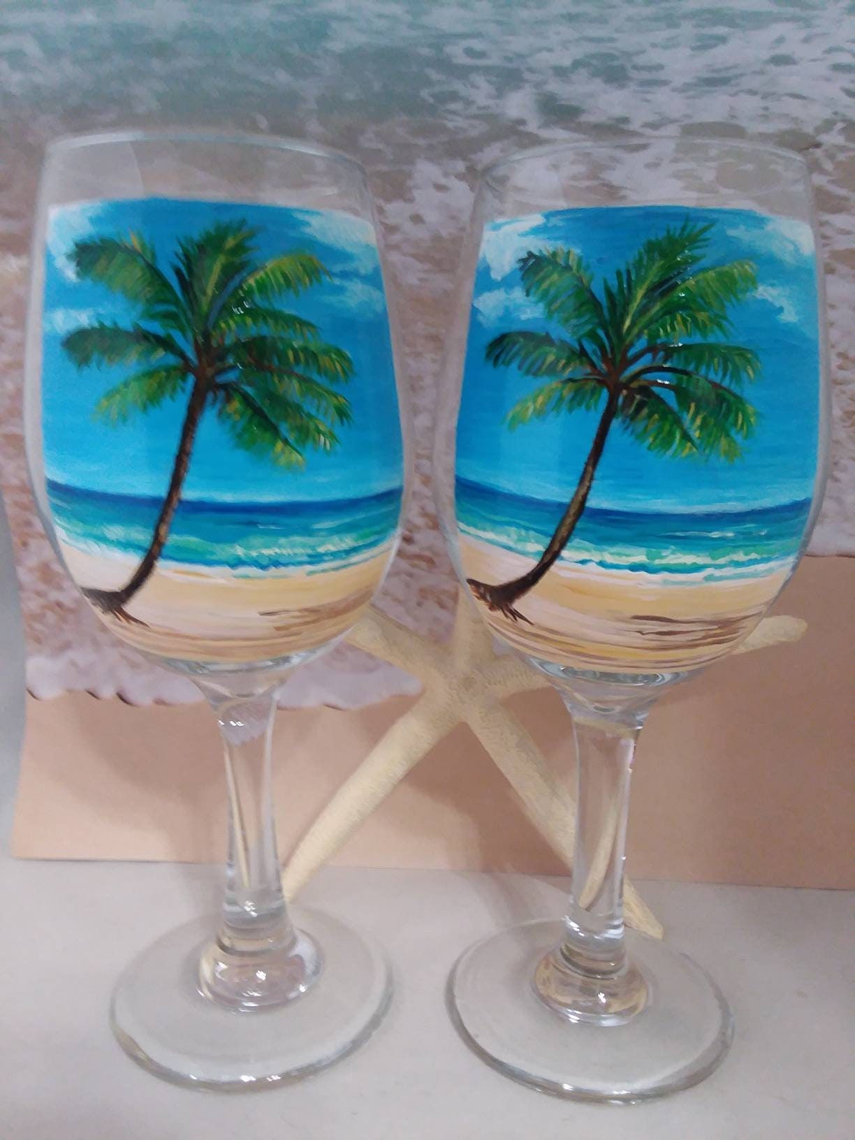 Set of 2 Handpainted Palm Tree Wine Glasses 20 Oz. Etsy