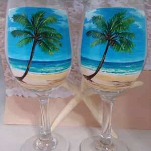 Set of 2 Handpainted Palm Tree wine glasses 20 oz.