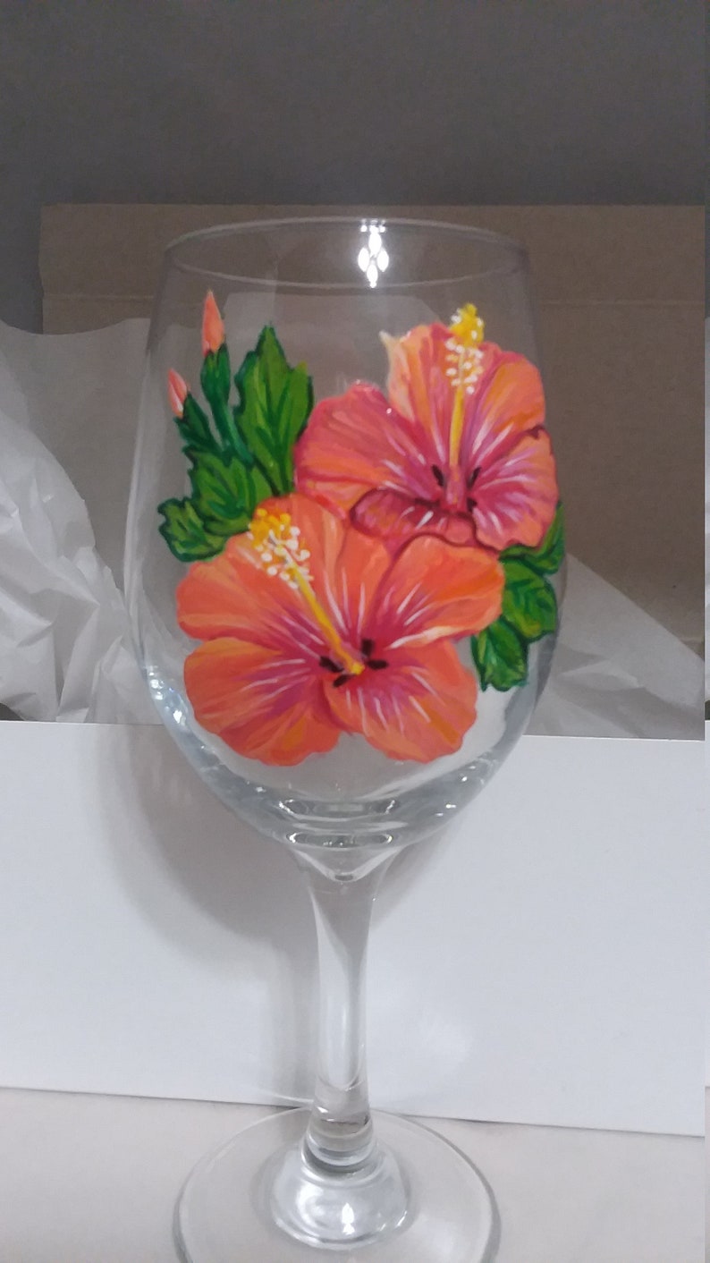 Hand painted Hibiscus Wine GlassPeach Etsy