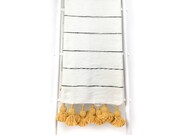 Ivory Black Striped Blanket with yellow Pom Poms - Handwoven - Cotton - Moroccan - Throw