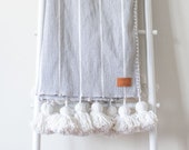 Gray White Striped Pom Pom Blanket - Handwoven - Cotton - Moroccan - Throw