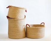 Tall Hamper Basket with Brown Leather Handles - Solid Natural Color - for Laundry, Blankets, Toys or Trees - Handwoven Bolga from Ghana