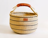 Natural Bolga Market Basket With Black Stripes - Handwoven in Ghana - Brown Leather Handle - Storage Basket