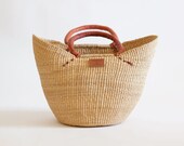 Solid Weave Natural Bolga Shopper Basket - Handwoven in Ghana - Brown Leather Handle - Market Basket Tote - Made In Ghana
