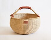 Solid Natural Bolga Market Basket - Handwoven in Ghana - Brown Leather Handle - Storage Basket - Made In Ghana