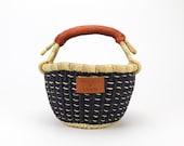 Mini Navy Bolga Basket With Natural Dashes - Handwoven in Ghana - Brown Leather Handle - Storage Market Basket 9 quot