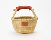 Mini Solid Natural Bolga Easter Basket - Handwoven in Ghana - Brown Leather Handle - Storage Market Basket - Made In Ghana 9 quot