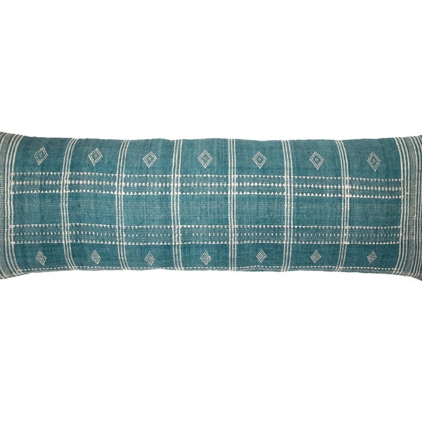 Hema - Indian Wool Pillow Cover - XXL Long Lumbar Body Pillow Cover - Blue - Bhujodi Textile - Large Bed Pillow