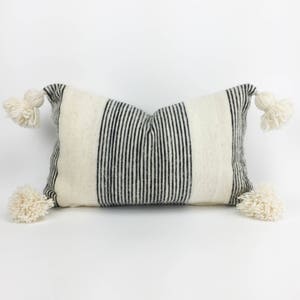 14" X 22" Striped Ivory and Black Pom Pom lumbar Pillow Cover - Wool - Handwoven - Handmade - Moroccan