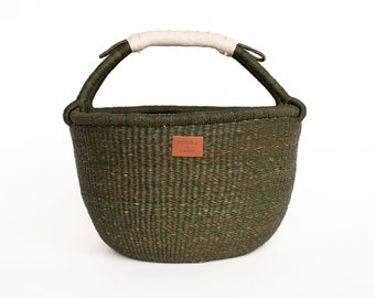 Large Bolga Market Basket Solid Olive Green 15" - Handwoven in Ghana - Natural Leather Handle - Storage Basket - Made In Ghana